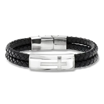 Ross-simons Men's Stainless Steel Cross Bracelet With Black Leather In Silver