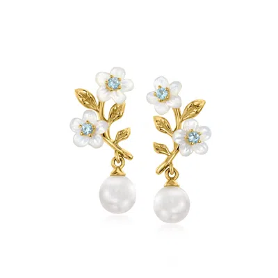 Ross-simons Mother-of-pearl And 6-6.5mm Cultured Pearl Floral Drop Earrings With . Swiss Blue Topaz In 18kt Gold In Multi
