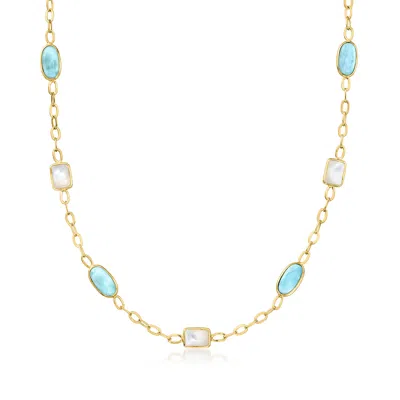 Ross-simons Mother-of-pearl And Larimar Station Necklace In 18kt Gold Over Sterling