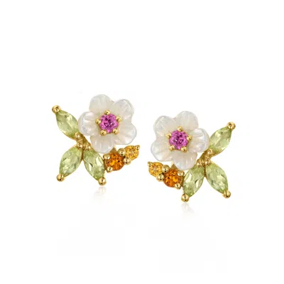 Ross-simons Mother-of-pearl And . Multi-gemstone Flower Earrings In 18kt Gold Over Sterling In Pink