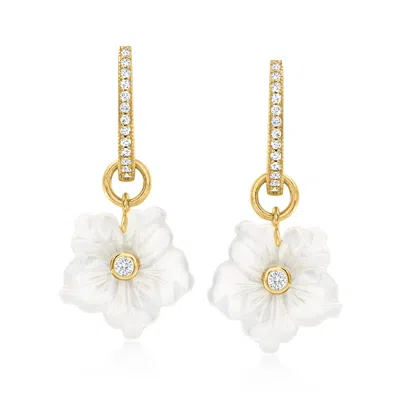 Ross-simons Mother-of-pearl And . White Topaz Removableflower Hoop Drop Earrings In 18kt Gold Over Sterling In Multi