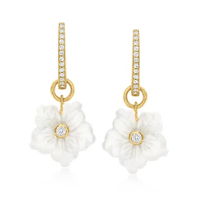 Ross-simons Mother-of-pearl And . White Topaz Removableflower Hoop Drop Earrings In 18kt Gold Over Sterling