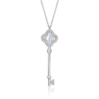 Ross-simons Mother-of-pearl Pearl And .20 Ct. T.w. Cz Key Necklace In Sterling Silver
