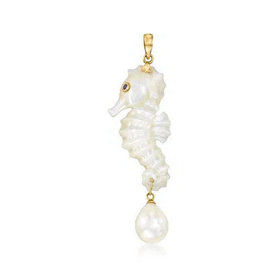 Ross-simons Mother-of-pearl Seahorse Pendant With 9mm Cultured Pearl In 14kt Yellow Gold In White