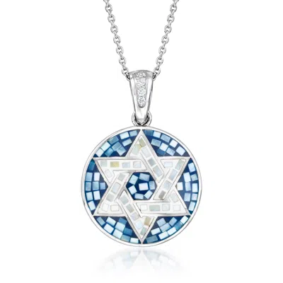 Ross-simons Mother-of-pearl Star Of David Mosaic Pendant Necklace With . White Zircon In Sterling Silver In Blue