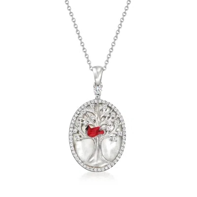 Ross-simons Mother-of-pearl Tree Of Life Cardinal Pendant Necklace With White Topaz And Multicolored Enamel In S In Metallic