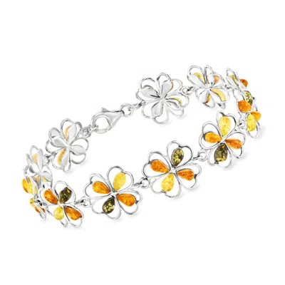 Ross-simons Multicolored Amber 4-leaf Clover Bracelet In Sterling Silver In Metallic