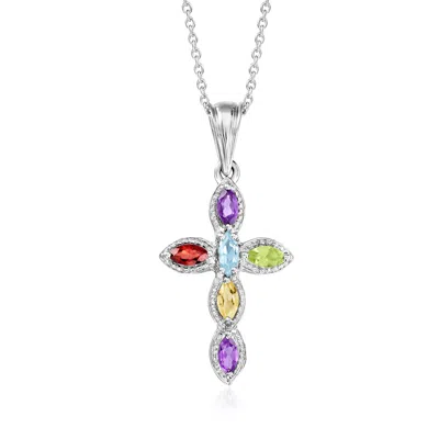 Ross-simons Multi-gemstone Cross Pendant Necklace In Sterling Silver In Pink