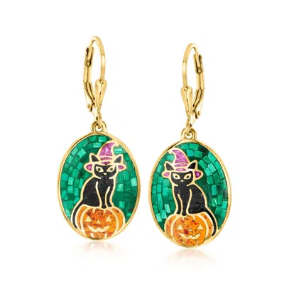 Ross-simons Multi-gemstone Halloween Cat And Pumpkin Mosaic Drop Earrings In 18kt Gold Over Sterling