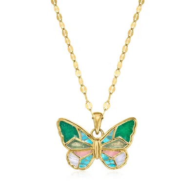Ross-simons Multi-gemstone Inlay Butterfly Pendant Necklace In 18kt Gold Over Sterling