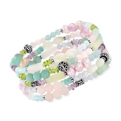 Ross-simons Multi-gemstone Jewelry Set: 5 Bead Stretch Bracelets With Sterling Silver