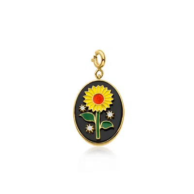 Ross-simons Onyx And Multicolored Enamel Sunflower Charm With White Topaz In 18kt Gold Over Sterling In Black
