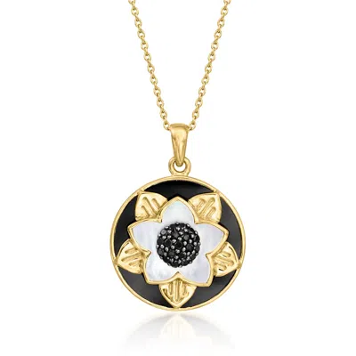 Ross-simons Onyx, Mother-of-pearl And .40 Ct. T.w. Black Spinel Flower Pendant Necklace In 18kt Gold Over Sterli