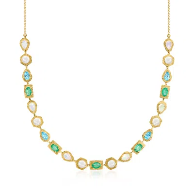 Ross-simons Opal And 4.5-5mm Cultured Pearl Necklace With 2.40 Ct. T.w. Emeralds And 2.00 Ct. T.w. Swiss Blue To In Gold