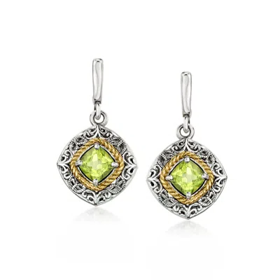 Ross-simons Peridot Drop Earrings In Sterling Silver And 14kt Yellow Gold In Green