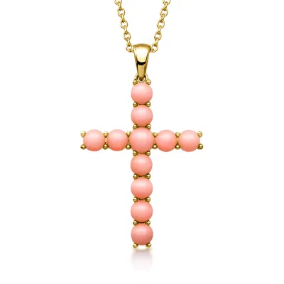 Ross-simons Pink Coral Cross Pendant Necklace In 18kt Gold Over Sterling