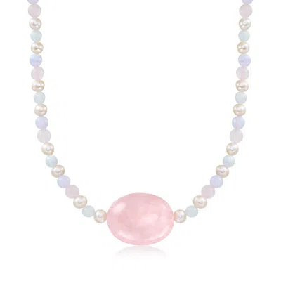 Ross-simons Rose Quartz And Pastel Multi-gemstone Bead Necklace With 6-6.5mm Cultured Pearls In 18kt Gold Over S In Pink