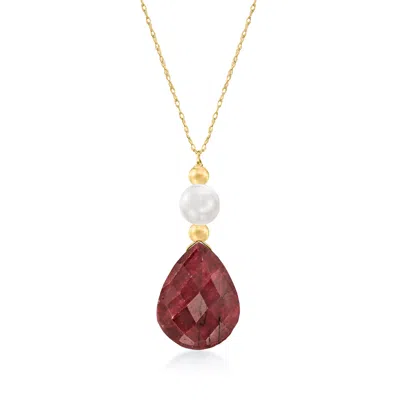 Ross-simons Ruby And Cultured Pearl Drop Necklace In 14kt Yellow Gold In Multi