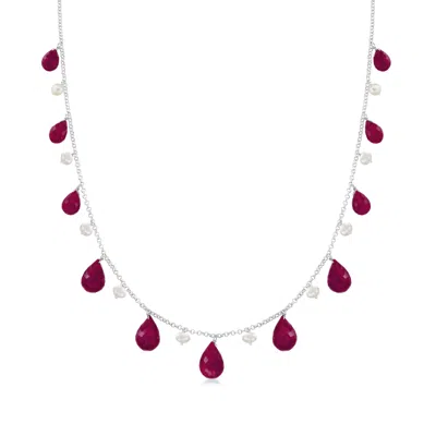 Ross-simons Ruby And Cultured Pearl Drop Necklace In Sterling Silver In Multi