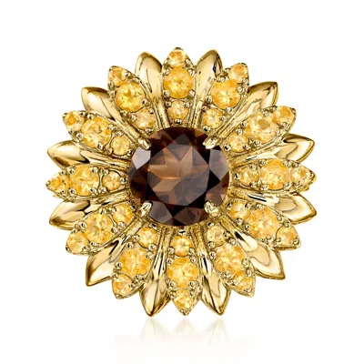 Ross-simons Smoky Quartz And Citrine Sunflower Pin/pendant In 18kt Gold Over Sterling In Brown