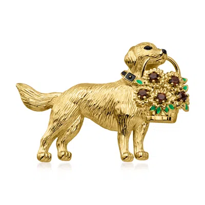 Ross-simons Smoky Quartz Golden Retriever And Flower Basket Pin With Enamel In 18kt Gold Over Sterling In Brown