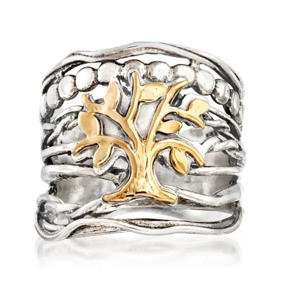 Ross-simons Sterling Silver And 14kt Yellow Gold Multi-row Tree Of Life Ring In Silver,gold