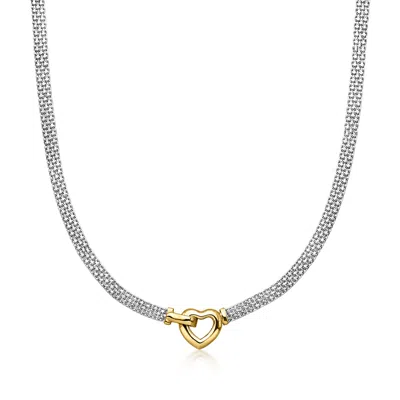 Ross-simons Sterling Silver And 18kt Gold Over Sterling Heart Bismark-link Necklace In Multi