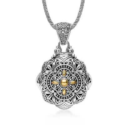 Ross-simons Sterling Silver And 18kt Yellow Gold Bali-style Floral Pendant Necklace In Gray