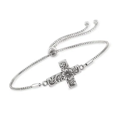 Ross-simons Sterling Silver Bali-style Floral Cross Bolo Bracelet