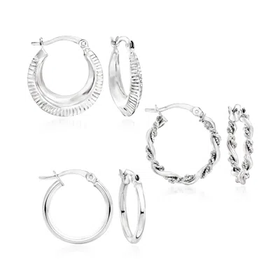 Ross-simons Sterling Silver Jewelry Set: 3 Pairs Of Textured And Polished Hoop Earrings In Metallic