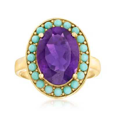 Ross-simons Turquoise And 4.80 Carat Amethyst Halo Ring In 18kt Gold Over Sterling