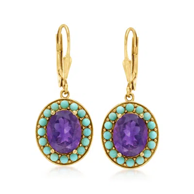 Ross-simons Turquoise And Amethyst Drop Earrings In 18kt Gold Over Sterling In Purple