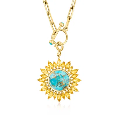 Ross-simons Turquoise And Citrine Sunflower Toggle Necklace In 18kt Gold Over Sterling In Transparent