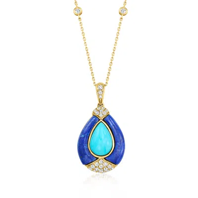 Ross-simons Turquoise And Lapis Pendant Necklace With .36 Ct. T.w. Diamonds In 14kt Yellow Gold