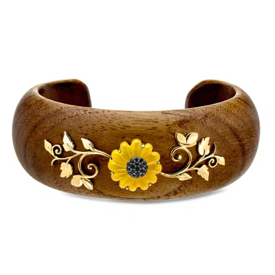 Ross-simons Wooden Sunflower Cuff Bracelet With Yellow Chalcedony, .20 Ct. T.w. Black Spinels And 18kt Gold Over