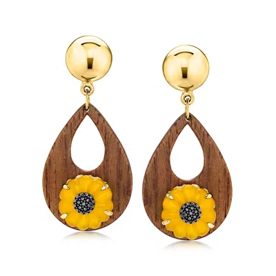 Ross-simons Wooden Sunflower Drop Earrings With Yellow Chalcedony In 18kt Gold Over Sterling In Multi
