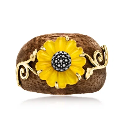 Ross-simons Wooden Sunflower Ring With Yellow Chalcedony And 18kt Gold Over Sterling In Multi