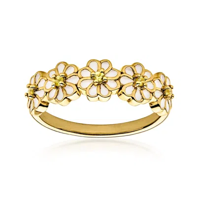 Ross-simons Yellow Sapphire And White Enamel Flower Ring In 18kt Gold Over Sterling