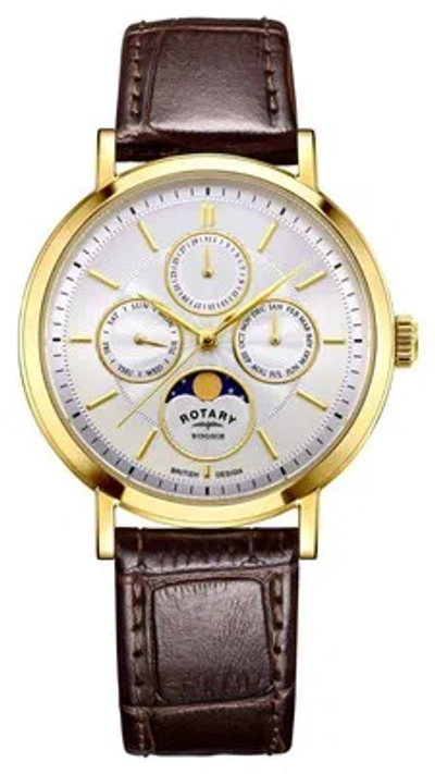 Pre-owned Rotary Dress Moonphase Quartz (38mm) Silver Dial / Brown Leather Strap