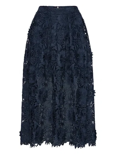 Rotate Birger Christensen 3d Floral-lace Midi Skirt In Blue