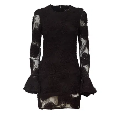 Rotate Birger Christensen 3d Floral Lace Mini Dress With Sheer Sleeves And Flared Cuffs In Black