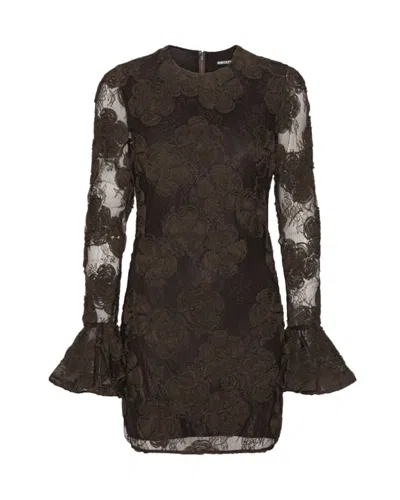 Rotate Birger Christensen 3d Floral Lace Mini Dress With Sheer Sleeves In Brown