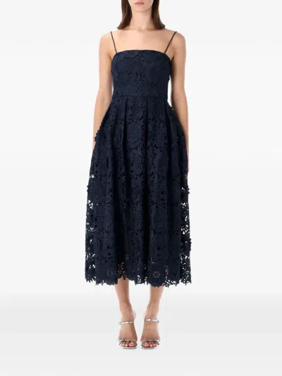 Rotate Birger Christensen 3d Lace Flared Midi Dress Dark Blue