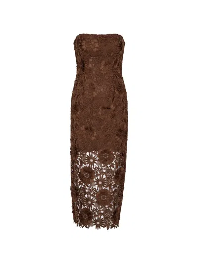 Rotate Birger Christensen 3d Lace Midi Dress In Brown
