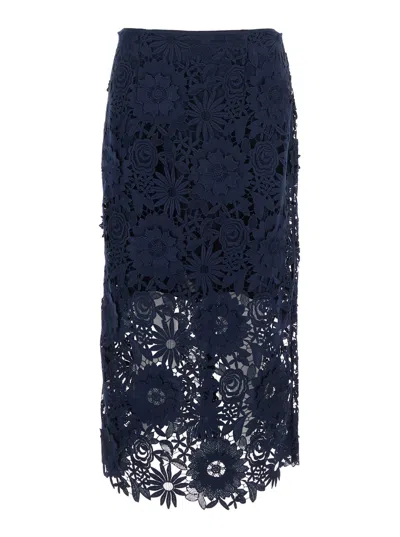 ROTATE BIRGER CHRISTENSEN BLUE SKIRT WITH SEMI TRANSPARENT DESIGN AND FLORAL DECORATIONS IN FABRIC WOMAN