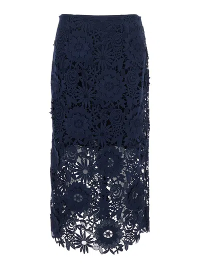 ROTATE BIRGER CHRISTENSEN BLUE SKIRT WITH SEMI TRANSPARENT DESIGN AND FLORAL DECORATIONS IN FABRIC WOMAN