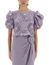 Rotate Birger Christensen 3d Floral Mesh Top With Voluminous Puff Sleeves In Purple