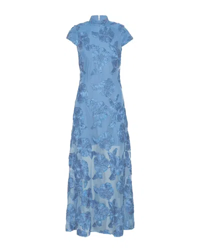 Rotate Birger Christensen Abito Lungo Mesh Capsleeve Hydrangea In Blue