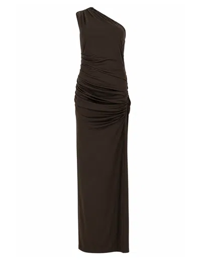 Rotate Birger Christensen Asymmetrical One-shoulder Fitted Midi Dress With Gathered Ruching In Black