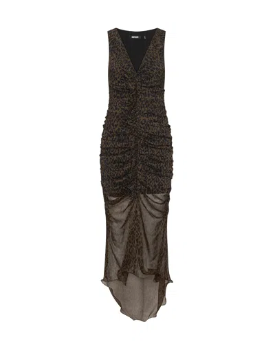 Rotate Birger Christensen Sleeveless Midi Dress With Ruched Detailing And Asymmetric Hemline In Brown